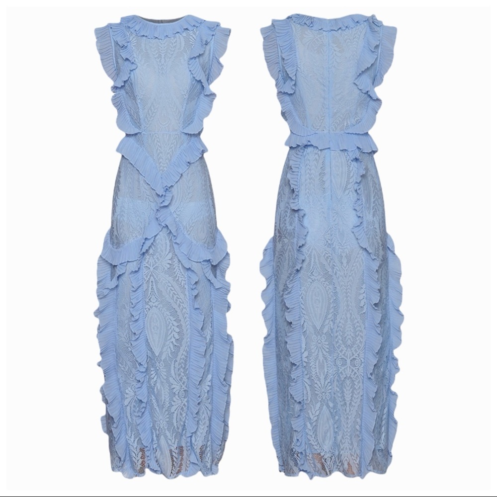 💕 The Zenayda Gorgeous Blue Lace Ruffle Maxi Dress - Picture 2 of 9